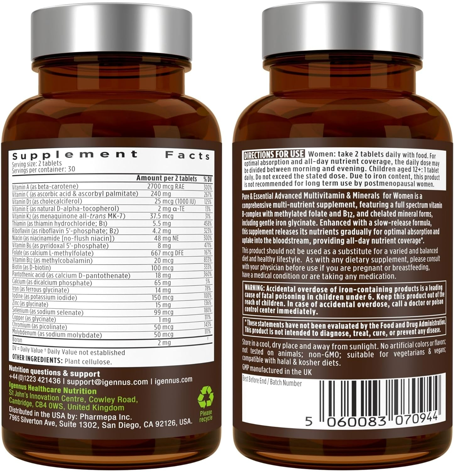 Pure & Essential Advanced Vegan Multivitamin & Minerals for Women with Iron, Vitamin D3, Methylated Folate, K2 & Zinc, Sustained Release, 30 Servings image number 4