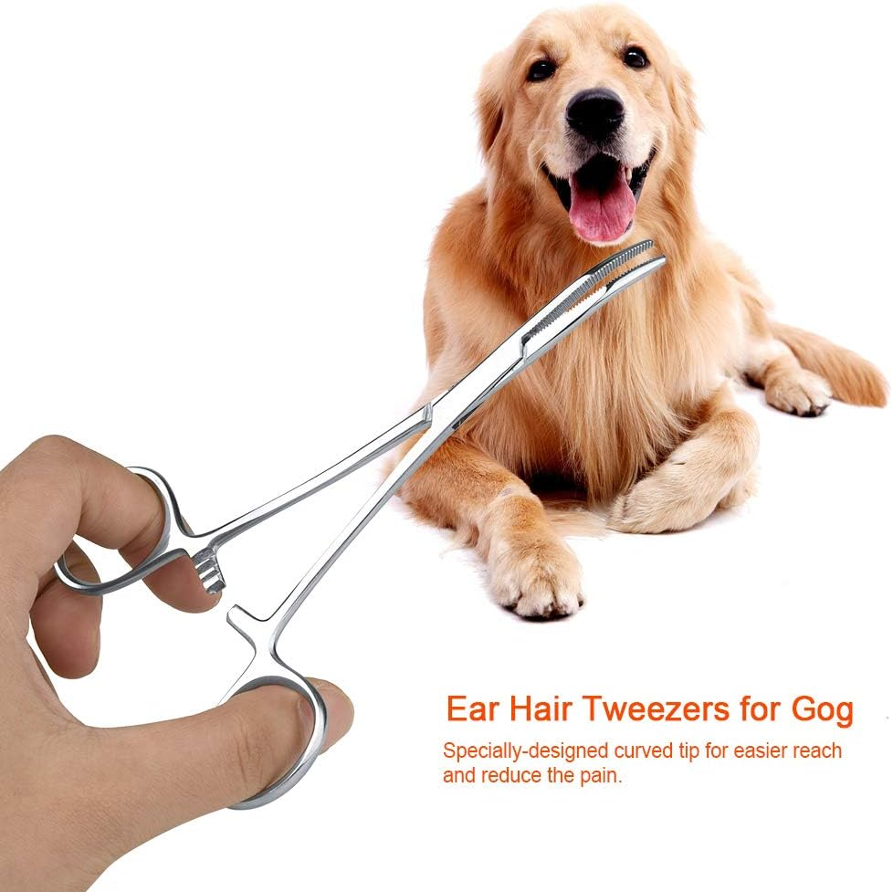 Hemostat Forceps, Curved Tip Cleaning Clamp Ear Hair Tweezers Pet Grooming Scissors Professional Stainless Steel Dog Trimmer Dogs Ears Puller Accessories Silver for Cats Nose Ear Hair(Large) image number 1