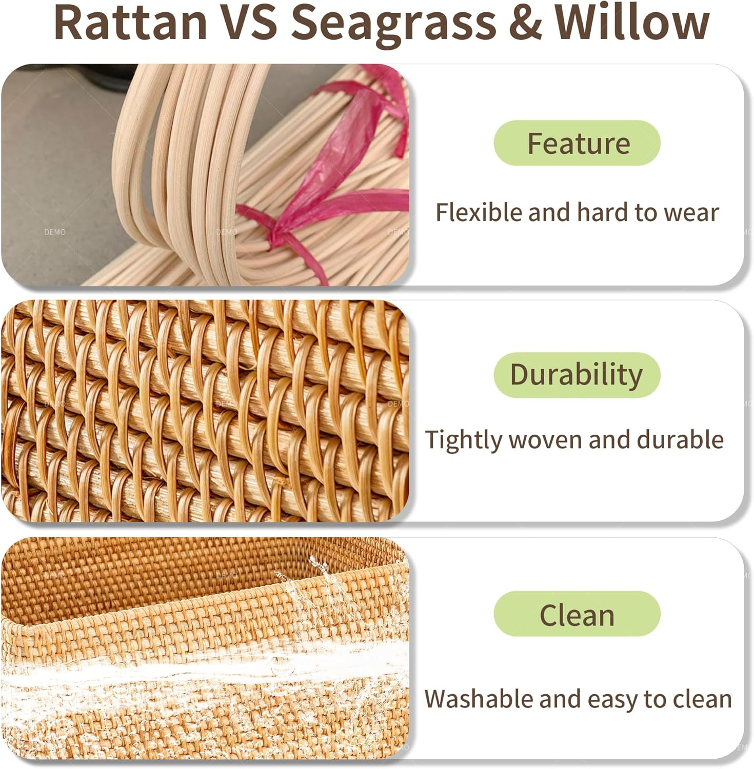 35&times;26&times;15CM Rattan Picnic Basket with Handles, Large Oval Gift Baskets for Fruit, Empty Gift Basket for Festival, Wedding, Camping image number 5