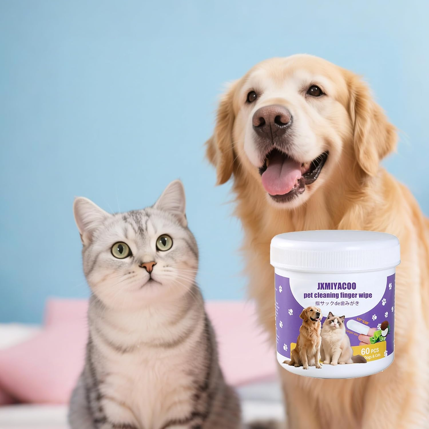 JXMIYACOO Pet Dental & Body Wipes for Dogs & Cats &ndash; Chamomile & Coconut Oil Formula Freshens Breath, Cleans Paws & Tear Stains &ndash; 60 No-Rinse Finger Wipes image number 3