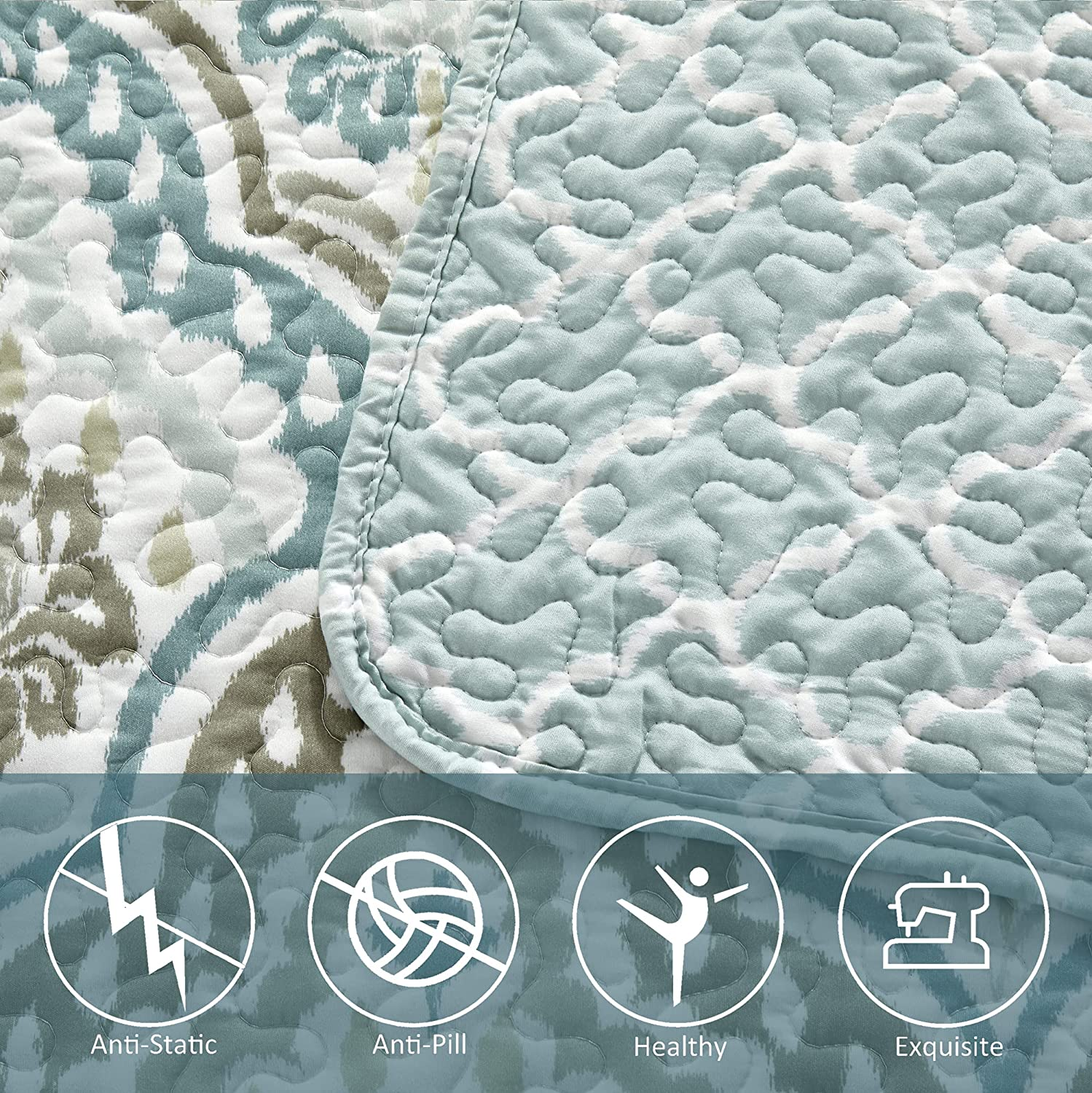 Home Soft Things Tivoli Ikat King Size 102" X 90" 5 Piece Teal Aqua Printed Prewashed Quilted Coverlet Bedspread Bed Cover Set for All Season, Lightweight Quilt Blanket with Matching Shams Pillows image number 1