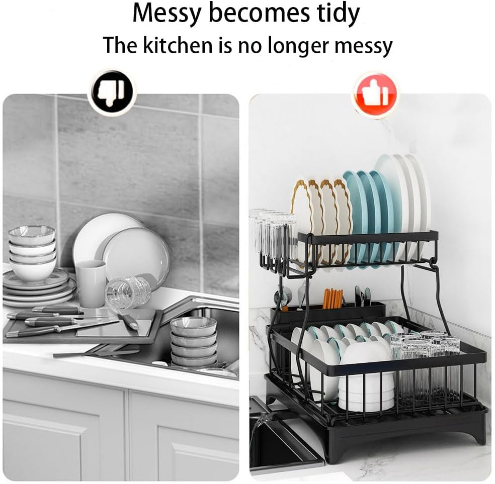 Dish Drying Rack, Dish Rack with Draining Tray, Made of Carbon Steel, Removable Cutlery Holder with Drip Tray Swivel Draining Spout, for Kitchen Countertop（Black 2）