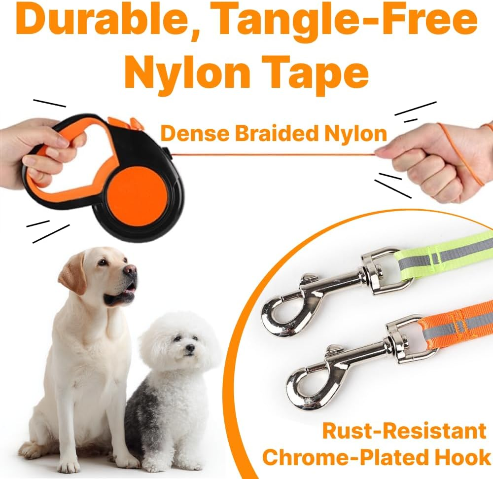 Reflective Retractable Dog Leash &ndash; 5M Extendable Lead with Quick-Lock Brake, Tangle-Free Nylon Tape & Soft Anti-Slip Handle for Night Walking (Orange) - Green image number 6