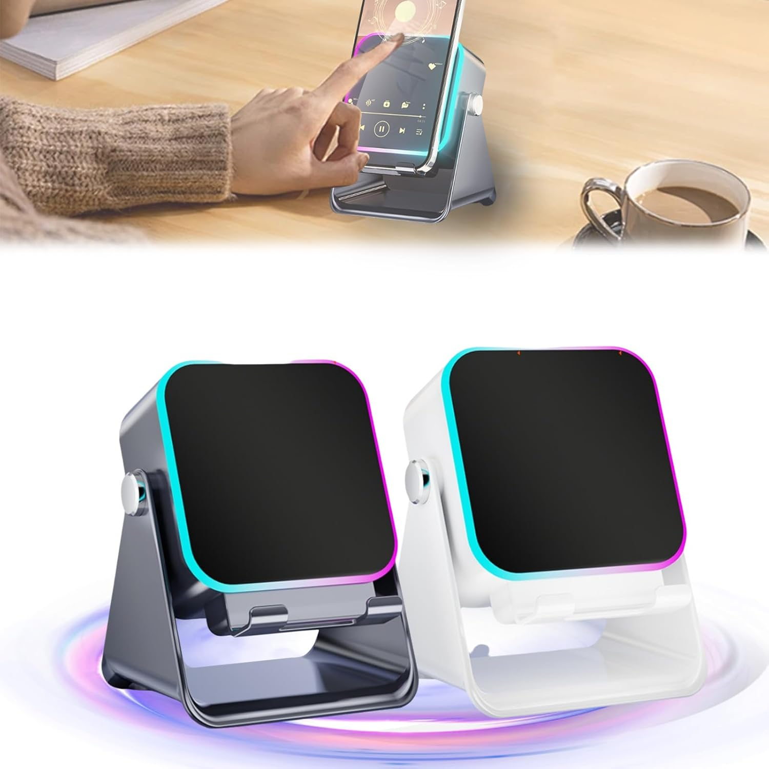 5 in 1 Wireless Induction Bluetooth Speaker, Wireless Induction Speaker with Adjustable Phone Stand, Versatile Audio Stand and Portable Connect Audio Player for Travel Christmas Surprise (Black)