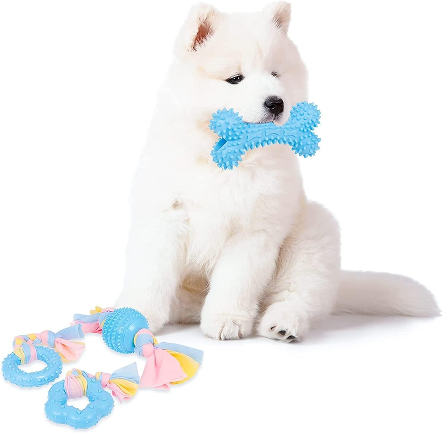 Puppy Teething Chew Toys for Small Dog Toys, Puppy Teething Rings Rubber Interactive Chewers Relieve Itching Treat Ball Bone Clean Teeth Toy 4 Pack