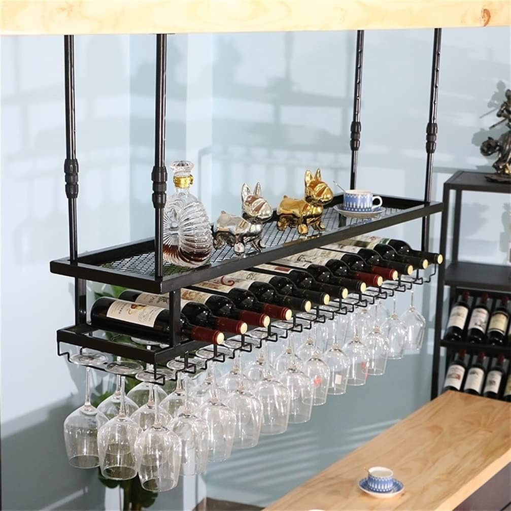 Wine Rack with Shelf Ceiling Shelf Hanging Wine Glass Rack 2 Tier Industrial Wine Rack Floating Bar Shelves for Bottles (Color : Black, Size : 120 * 30Cm)