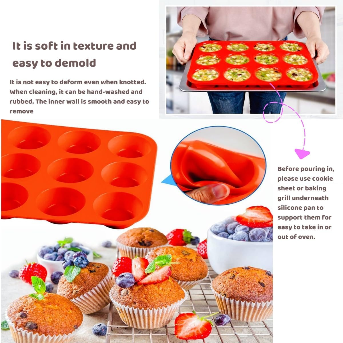 RJDJDLXM 2 Pack Muffin Tray, Silicone Muffin Mold 12 Cups, Cupcake Pan, Nonstick Baking Mould Dishwasher Safe for Muffin Tins, Cakes Microwave, Oven(Red) image number 2