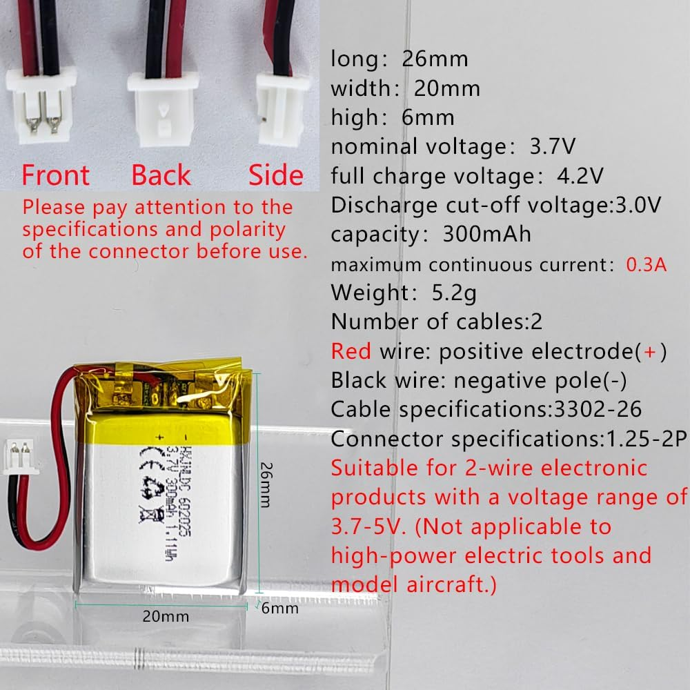 DC 3.7V 300Mah 602025 Rechargeable Lithium Polymer Battery, Suitable for DIY 3.7-5V Electronic Products with Built-In 2-Wire Battery Replacement and LED Lights image number 6