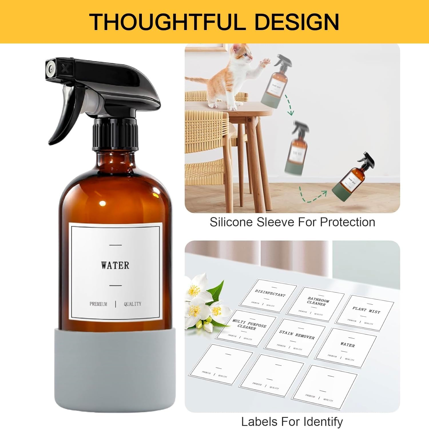 3 Pack Brown Glass Spray Bottles,Reusable Empty Cleaning Bottles for Plants, 3 Silicone Sleeves, 3Pcs Adjustable Nozzles (3)