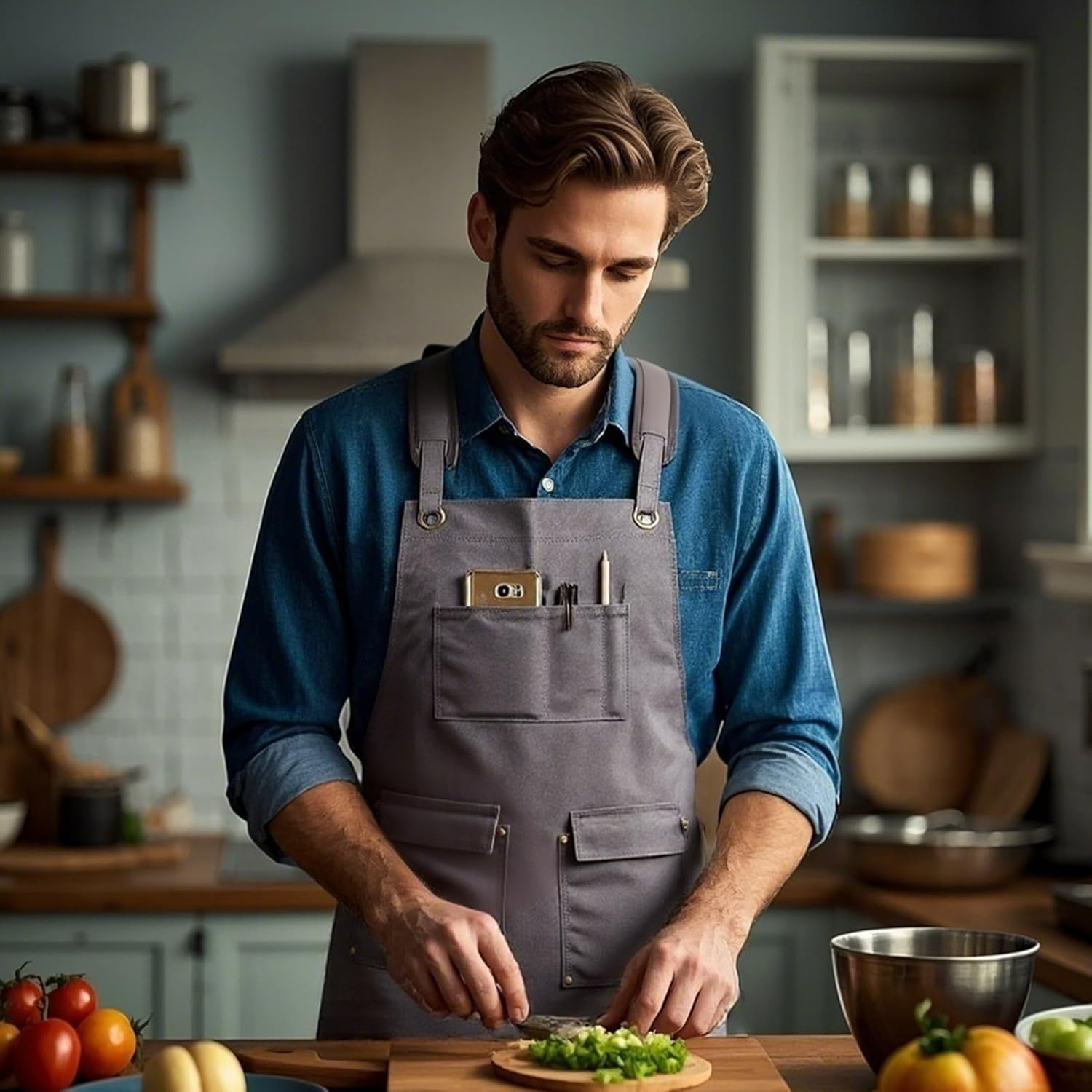 JOVALA Chef Apron Waterproof Cooking Gardening Apron with Adjustable Straps & 4 Pockets for Men Women Canvas Shop Apron Carpenters Barista Woodworking Heavy Duty Work