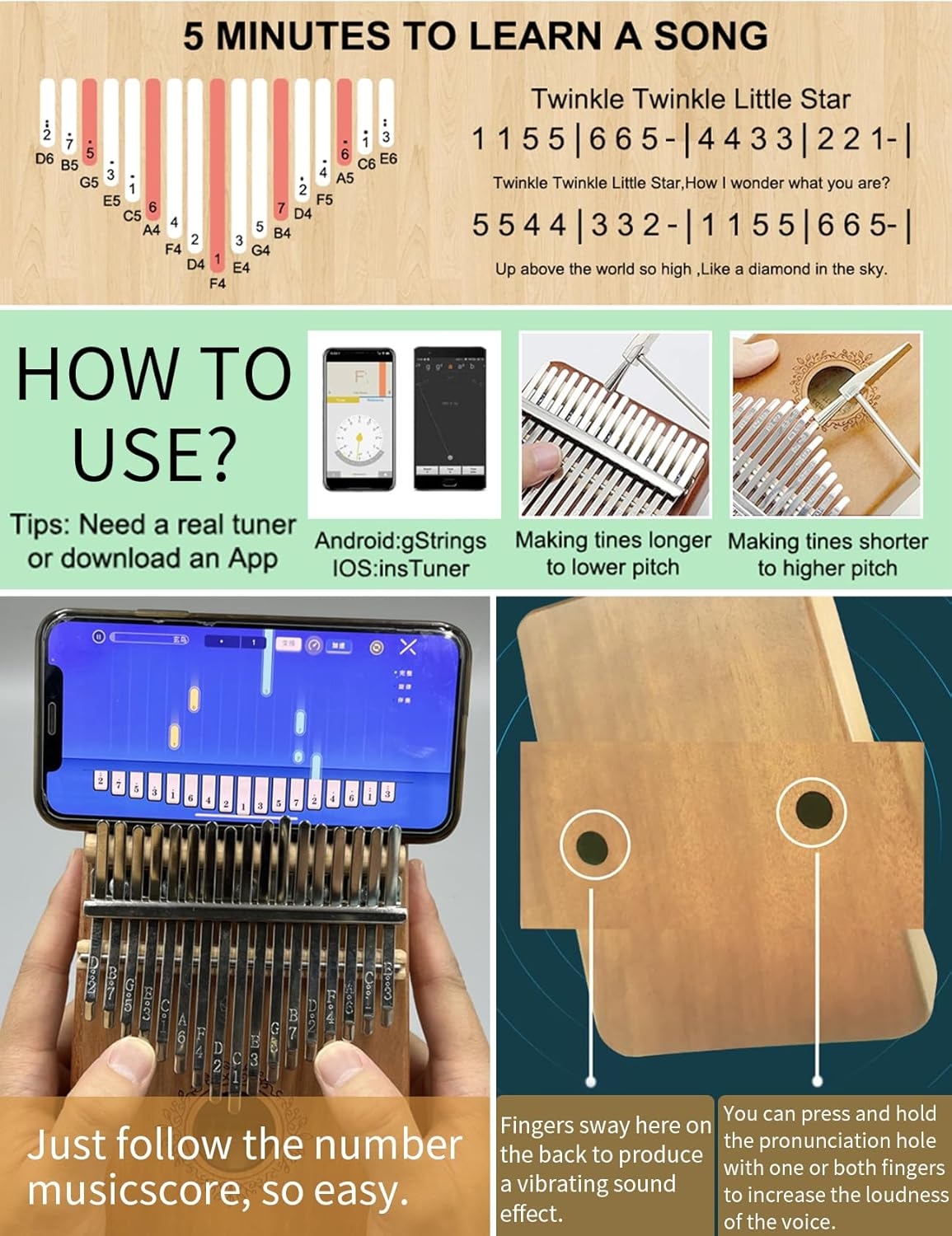 17 Key Kalimba Thumb Piano - Wood Finger Piano with Mahogany Body, Portable Mbira for Kids, Adults, Beginners, Professionals (01) image number 2