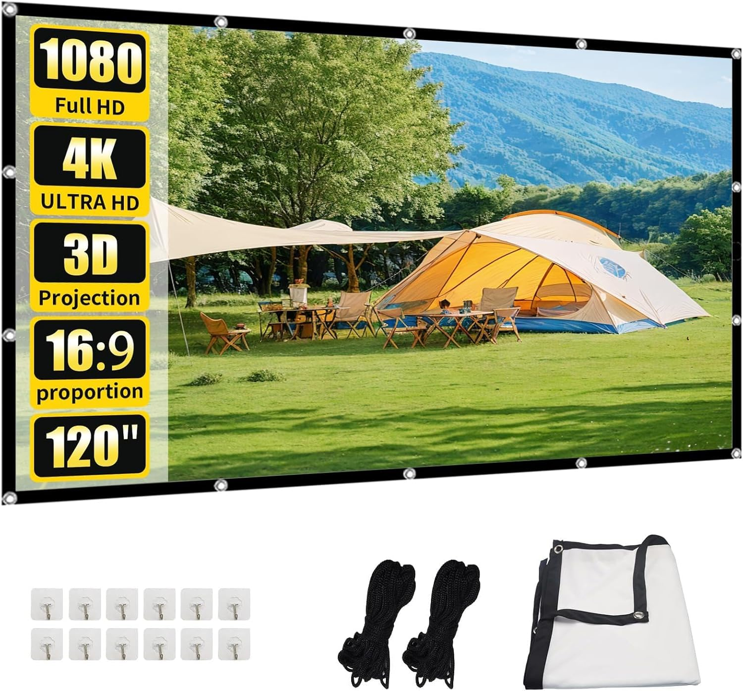 Projection Screen with Stand 120 Inch Projector Screen Foldable Anti-Crease, 16:9 4K HD Lightweight Movie Screen, for Outdoor Backyard Indoor Home Theater Projection (2.65Mx1.48M) image number 1