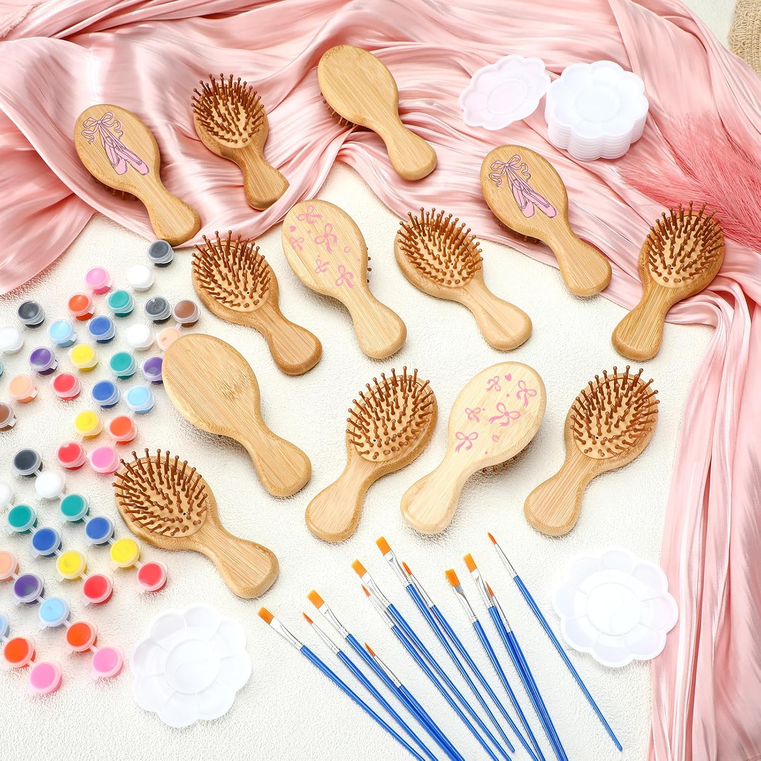 Meanplan 12 Set DIY Wooden Hairbrush Painting Kits Make Your Own Hair Brush Hand-Painted Hairbrush Night Party Supplies with Paint Brush and Palette for DIY Gift Party Crafts (Mini) image number 5