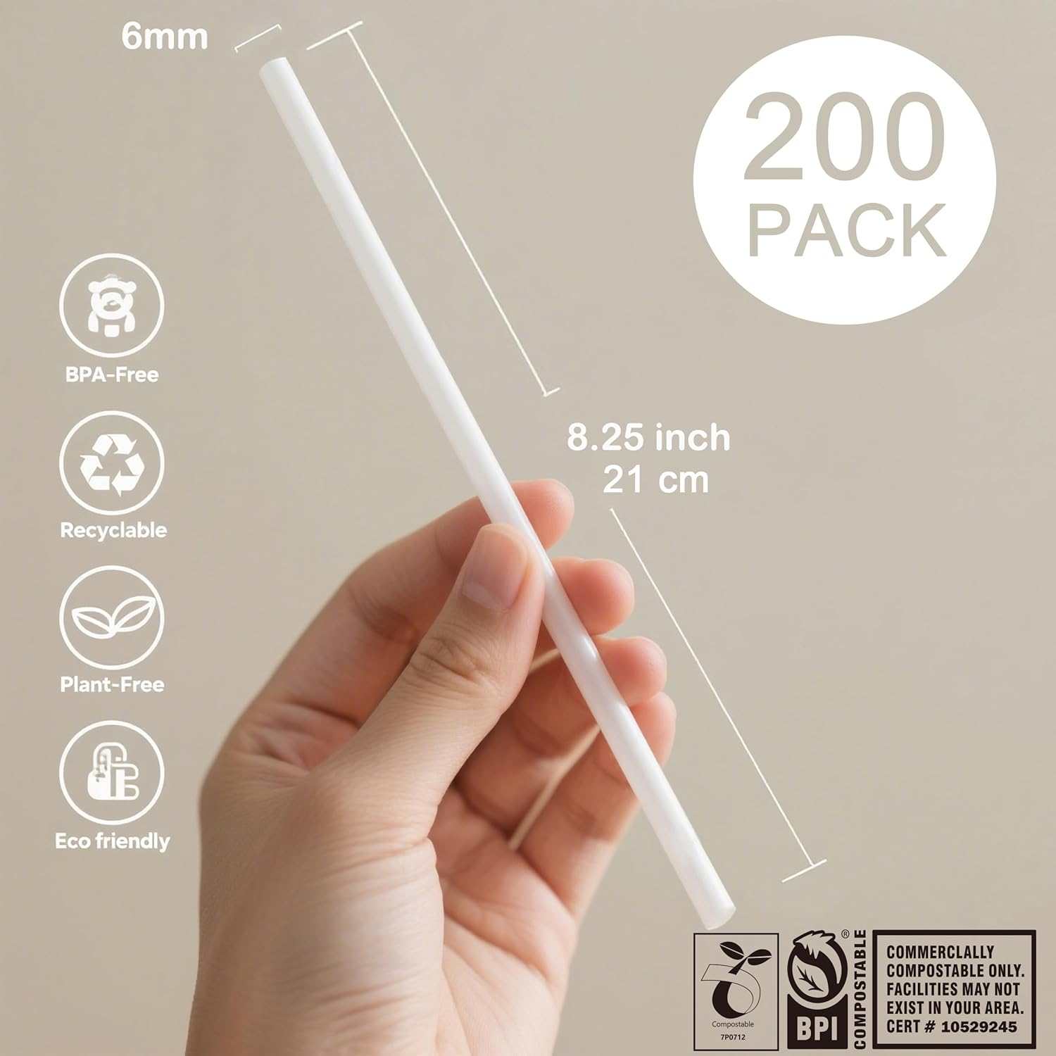 JENCENBIO 200 PCS 20Cm Straws Compostable Reusable Straw Drinking Individually Wrapped Suitable for Various Drinks Juice Milk, Tea Daily Use White image number 6