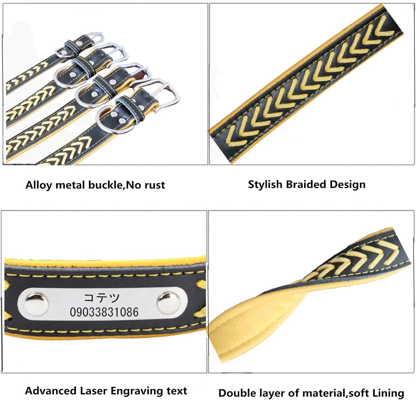 THAIN Leather Custom Collar,Braided Leather Engraved Dog Collars with Personalized Stainless Steel Nameplate for Small Medium Large Dogs (L(Neck 14.17"-18.11"), Yellow) image number 3