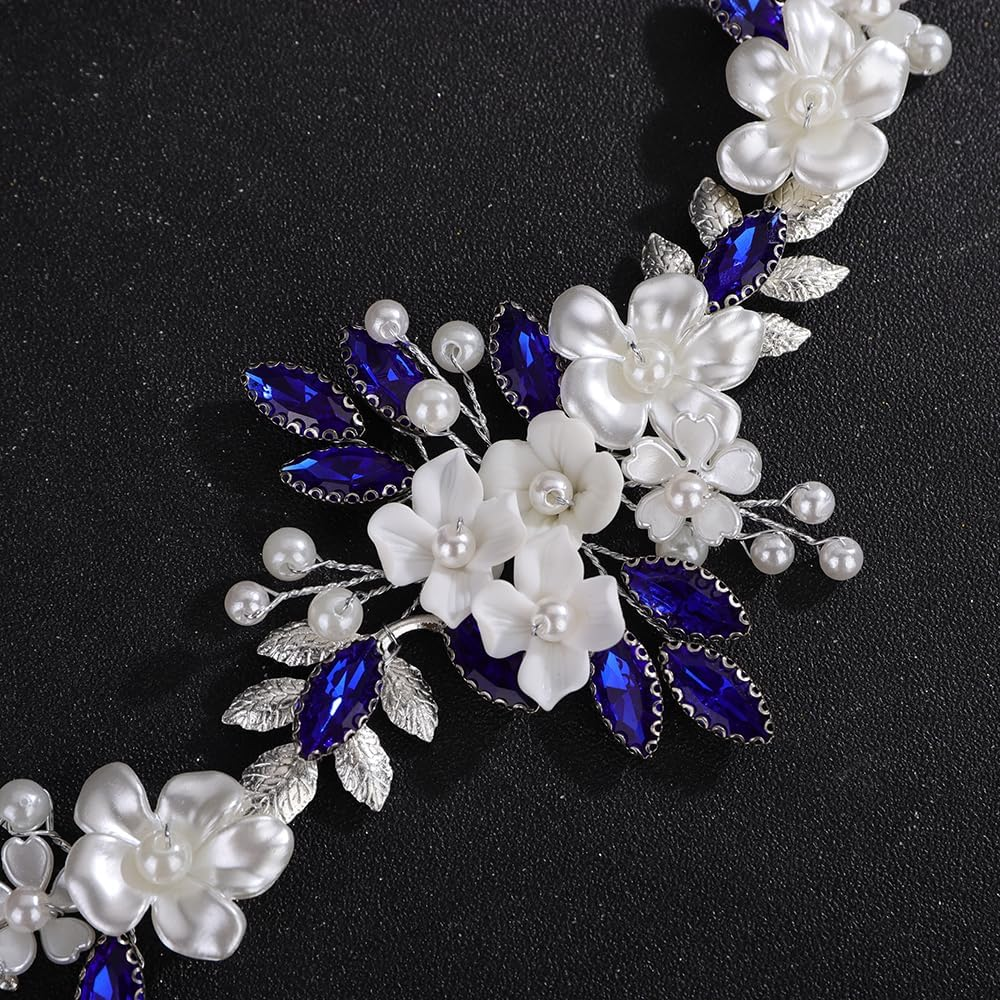 Teyglen Silver Leaf Flower Hair Vine Floral Flower Headpiece Blue Crystal Bride Wedding Headband Bridal Hair Accessories for Women Silver Rhinestone Pearl Hair Piece (Blue) - Peacock Blue image number 2