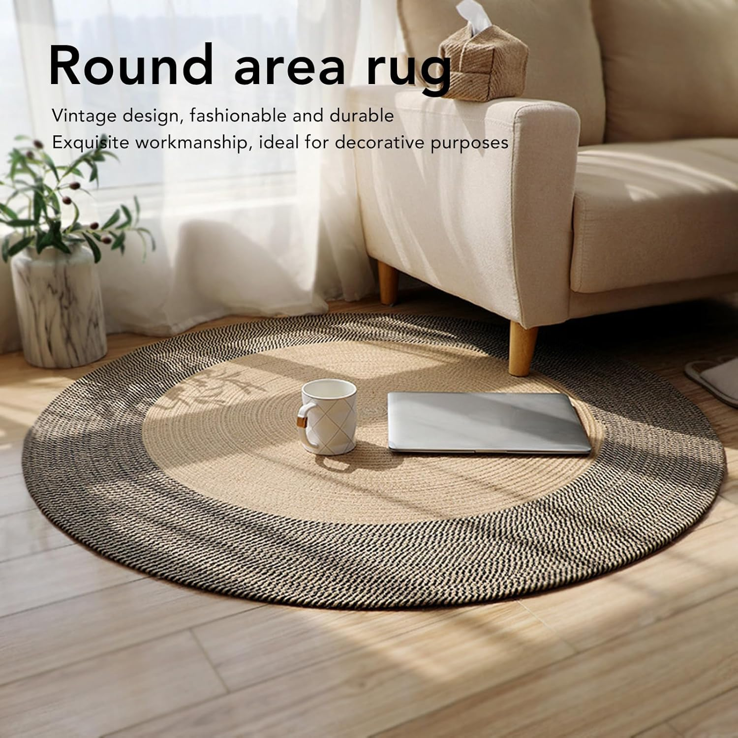 Jute Braided Rug, round Jute Rug, Hand Woven Reversible Fashionable Area Rug, Circle Carpet, Area Rug for Bedroom, Hallway, Living Room, Kitchen (Retro Color) image number 3