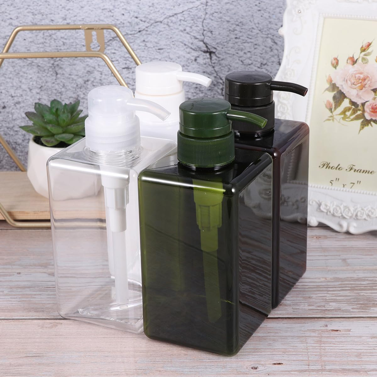 4Pcs 450Ml Pump Bottles Set for Shower Gel and Shampoo Storage, Refillable Empty Containers in Brown, White, Dark Green, for Travel and Home Use image number 1