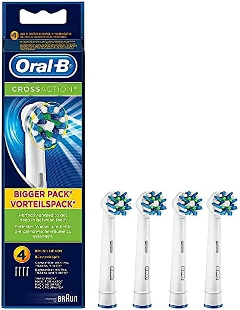 Oral-B Genuine Crossaction Replacement White Toothbrush Heads, Refills for Electric Toothbrush, Angled Bristles for up to 100 Percent More Plaque Removal, Pack of 4