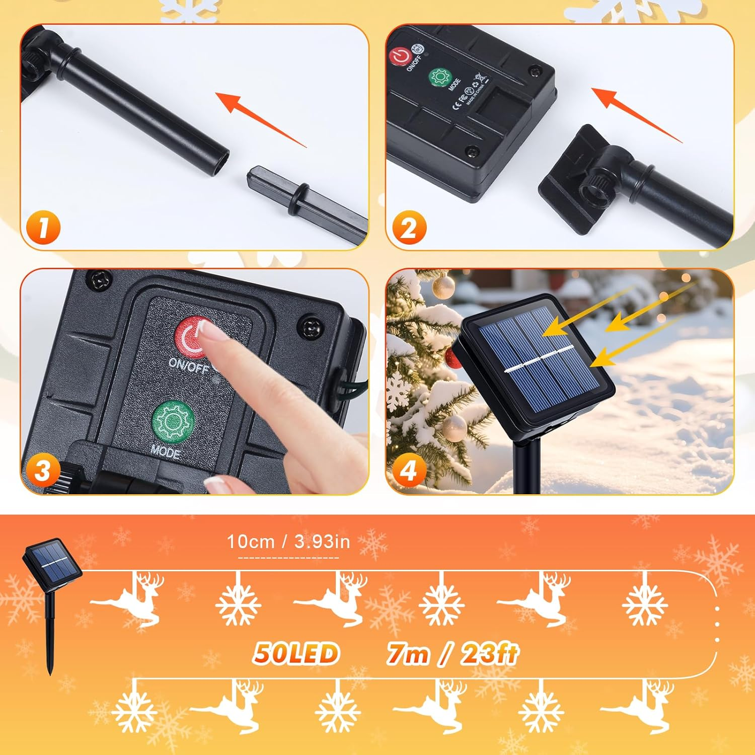 Qoosea Solar Snowflake Fairy Lights Christmas Outdoor, 7 M 50 LED Reindeer Solar Christmas Lighting IP65 Waterproof, 8 Modes Solar Lights, Christmas Decoration for Garden, Balcony, Wedding, Warm White image number 6