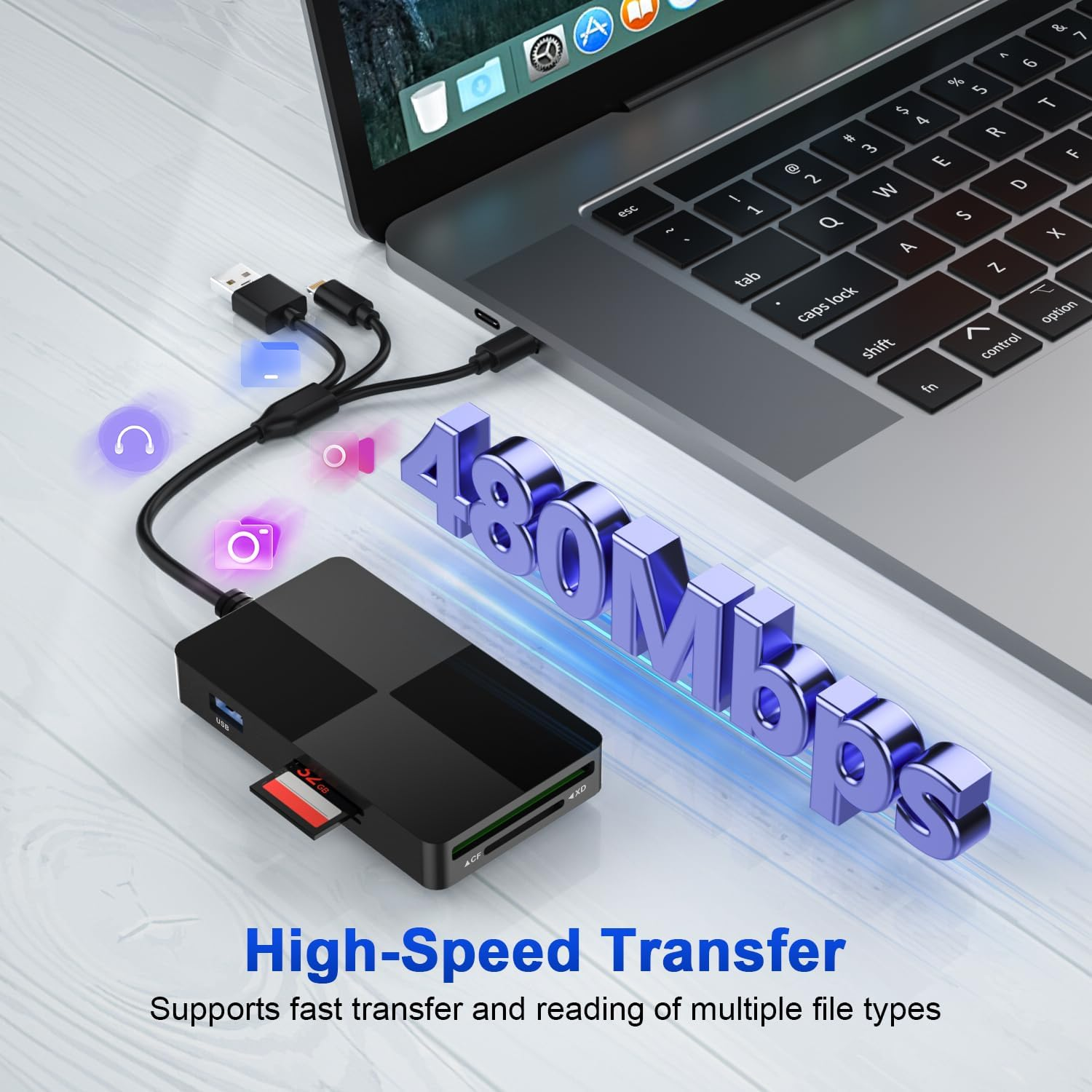 8 in 3 SD Memory Card Reader with 3 USB 2.0 Ports, Plug-And-Play Lightning/Usb-A/Usb-C SD Card Reader, SD/TF/CF/MS/XD Card Reader Compatible with Iphone/Ipad/Android/Mac, Memory Stick Pro Duo Adapter image number 4