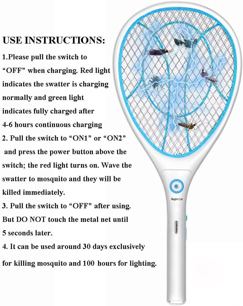 Night Cat Electric Mosquito Fly Swatter Bug Zapper Bat Racket, Pests Insects Control Killer Repellent, USB Rechargeable, LED Lighting, Double Layers Mesh Protection image number 5
