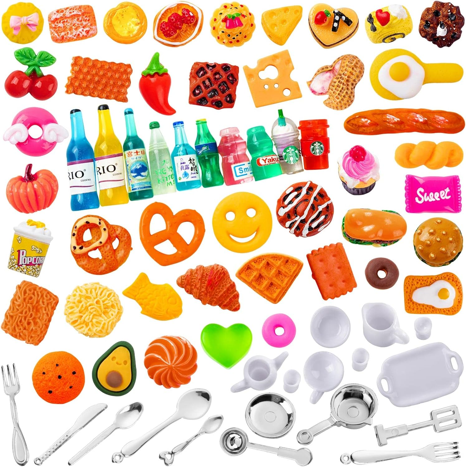 163 PCS Minitature Food Drink Bottles Toys, Mixed Resin Pretend Play Tiny Food Sets, Tableware Hamburg Cake Ice Cream Milk for Doll House Decoration Kitchen Cooking Game (1:12) image number 5