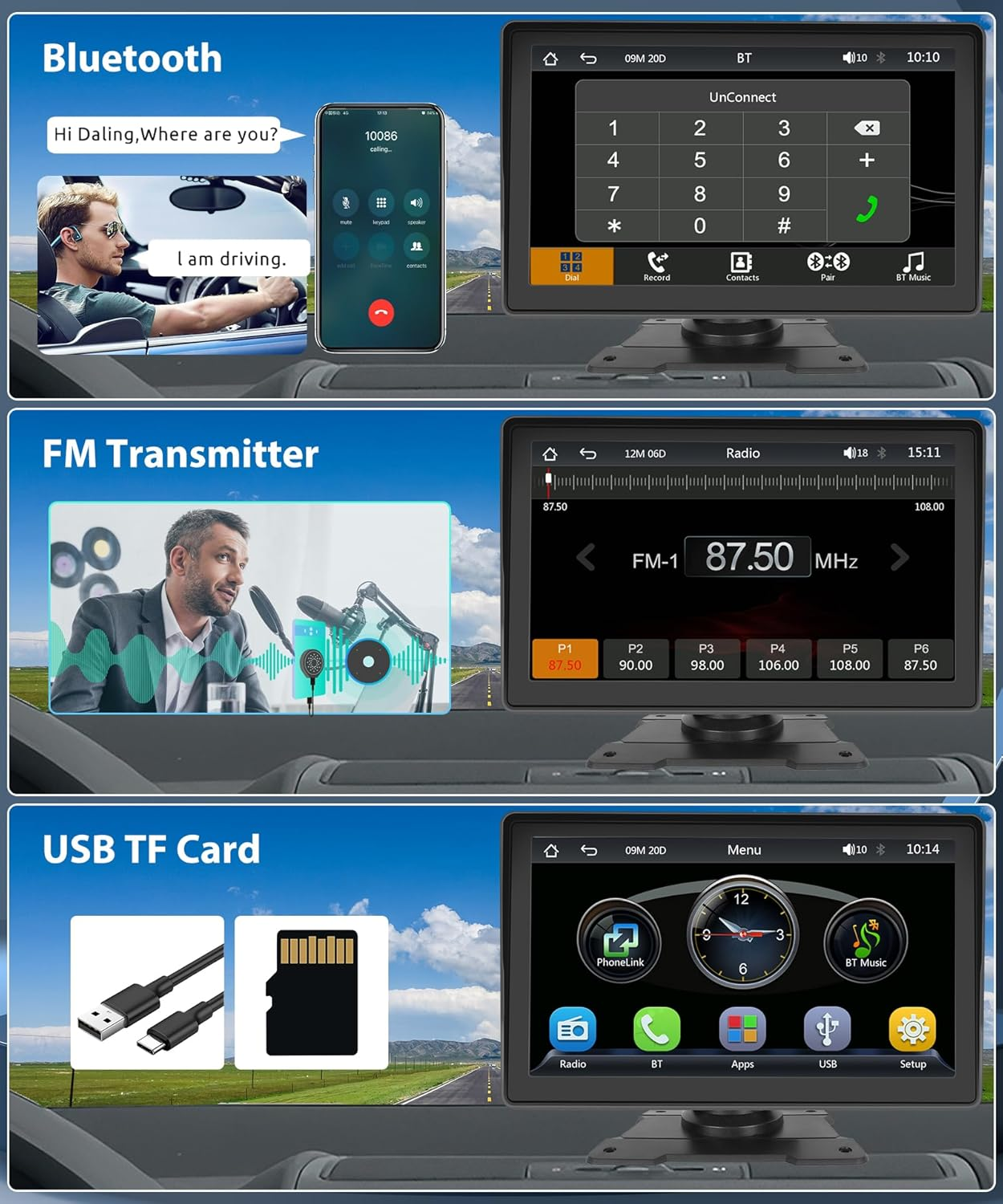 Wireless Carplay Screen Android Auto Portable Car Stereo Screen 7'' Touch Screen Portable Car Radio Wireless FM Transmitter GPS Navigation,Mirror Link,Voice Control, Bluetooth image number 6