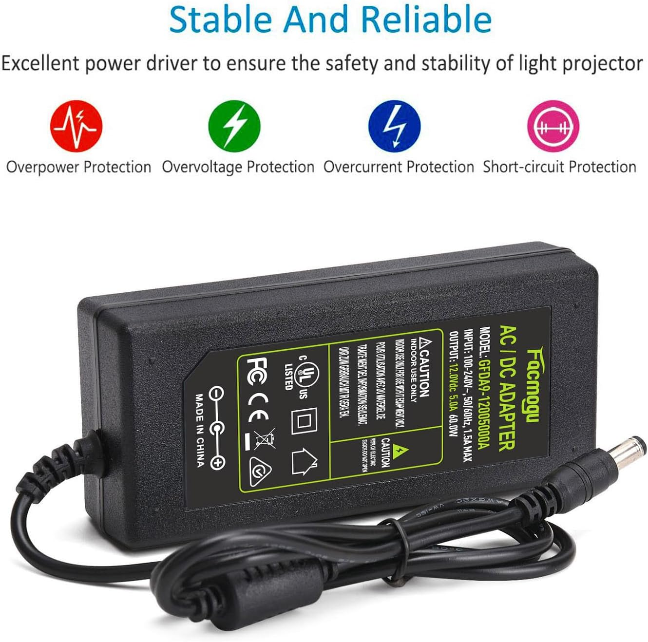 Facmogu AC to DC 12V Power Adapter, AC 100V-240V to DC 12V 5A 60W Power Supply, AU Plug 5.5X2.5Mm & 5.5X2.1Mm, 2.1M/ 6.9Ft Long Cable Switching Transformer Converter for LED Strip Light Cameras CCTV image number 3