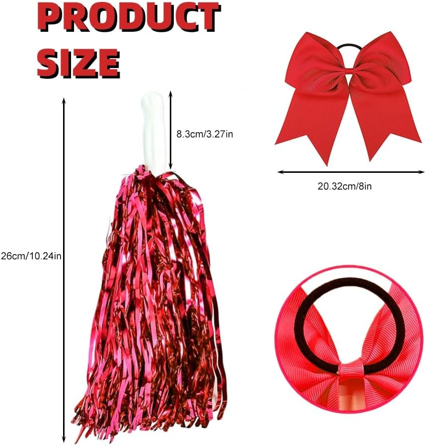 Cheerleader Pom Poms & Hair Accessories Set &mdash; 8-Inch Oversized Bow Hair Ties, DIY Handheld Flower Pom Poms, Cheer Bobbles & Hair Bows for Sports Teams, Dance Performances, Events （Red） image number 1