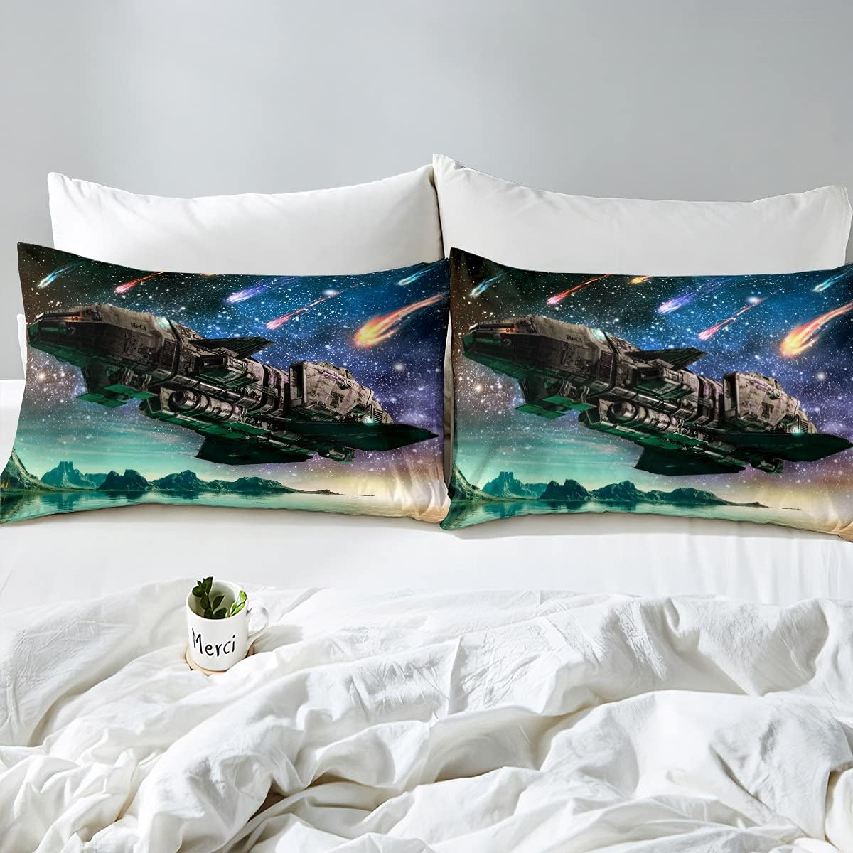 Homewish Spaceship Bedding Sets Falling Stars Duvet Cover Set Colourful Starry Sky Comforter Cover for Children Boys Girls Galaxy Science Fiction Theme Bettpreads Cover with 1 Pillowcase 135 X 200 Cm image number 6