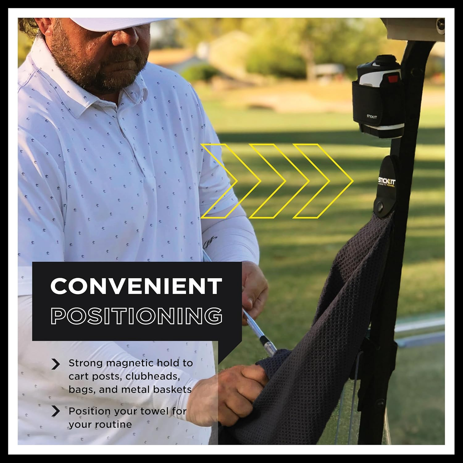 STICKIT Magnetic Golf Towel, Black | Top-Tier Microfiber Golf Towel with Deep Waffle Pockets | Industrial Strength Magnet for Strong Hold to Golf Carts or Clubs