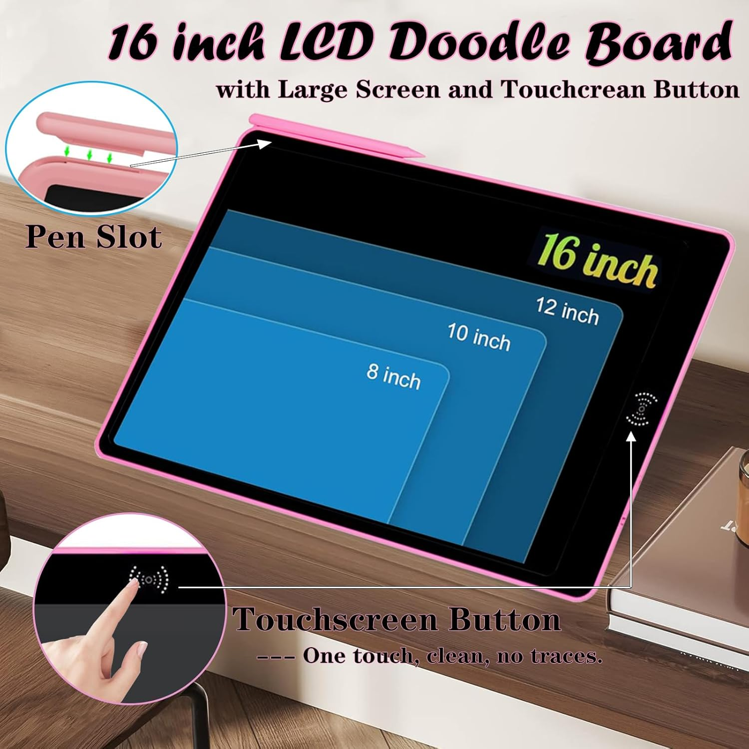 16Inch LCD Writing Tablet for Kids Toys, Colorful Doodle Board for 3 4 5 6 7 8 Year Old Girls Boys, Toddler Gifts Drawing Pad for Birthday Travel Essentials, Pink image number 6