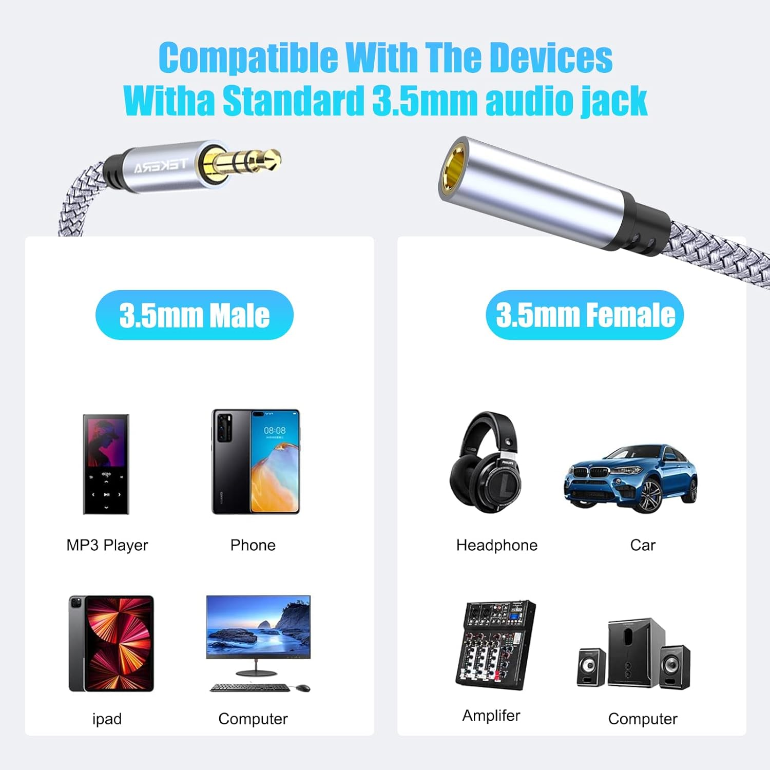 TEKERA 3.5Mm Headphone Extension Cable 1M, TRS Male to Female Stereo AUX Audio Cable, Hi-Fi Jack Extender with Nylon Braided Jacket, Compatible with Headphones, Car Stereo, Speakers, Laptops (3FT/1M) image number 3