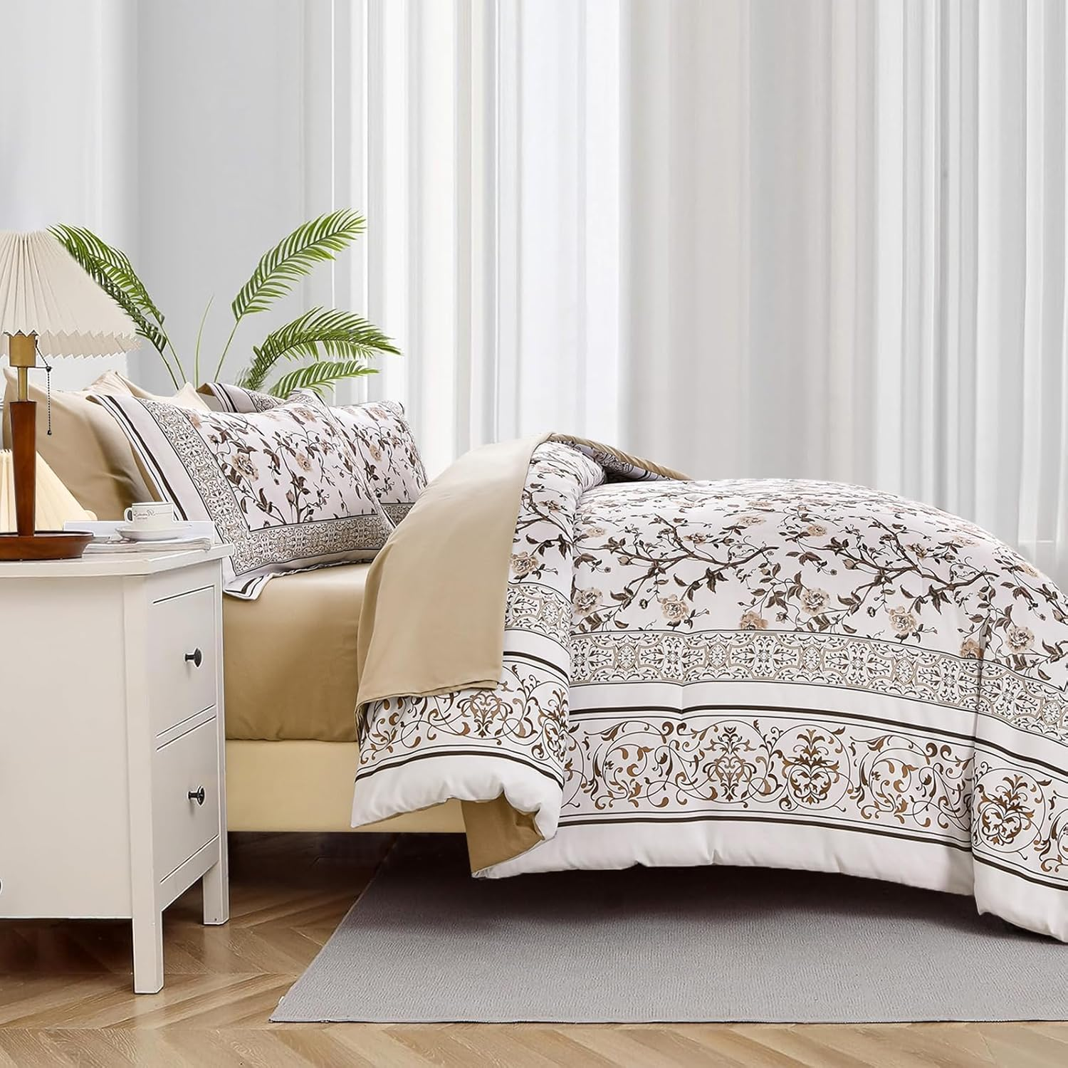 Dobuyly Brown King Size Comforter Set, Floral Botanical Bedding Set 7 Piece Bed in a Bag King, Soft Microfiber Flowers Bedding Comforter Sets with Sheets for All Season image number 3