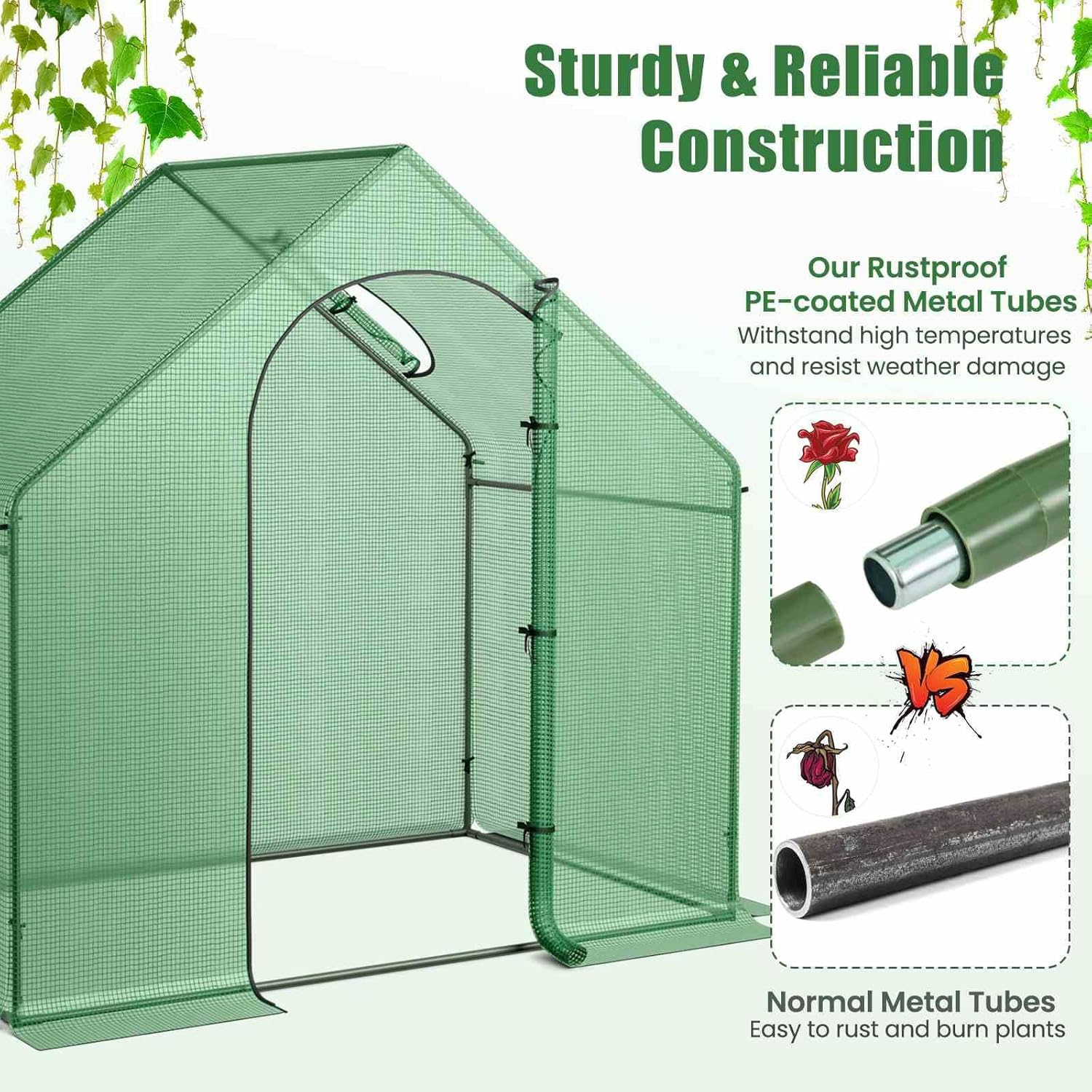 Costway 1.79 X 1 X 1.67M Mini Walk-In Greenhouse, Portable Outdoor Warm House for Winter W/ PE Cover, Rustproof Pe-Coated Metal Frame, Roll-Up Zippered Door, Window, Garden Yard Hot House Tent image number 1