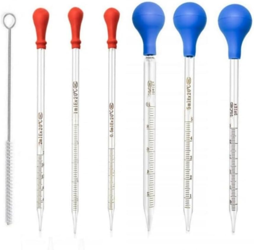 Changyeah 6 Pieces Glass Pipettes Graduated Dropper,0.5Ml /1Ml/ 2Ml/ 3Ml /5Ml /10Ml Glass Pipettes Graduated Dropper,Long Glass Pipette Dropper with 6 Rubber Caps and 1 Pcs Droppers Brush image number 1