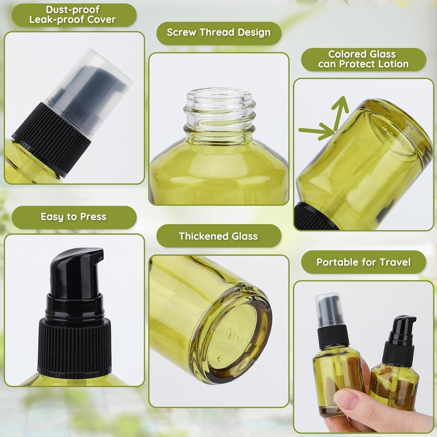 IONPSHG ﻿6 Pcs Glass Pump Bottle 30Ml Green Pump Bottle Dispenser Refillable and Portable Liquid Foundation Container Small Travel Bottles for Liquids a Must-Have for Travelling image number 3