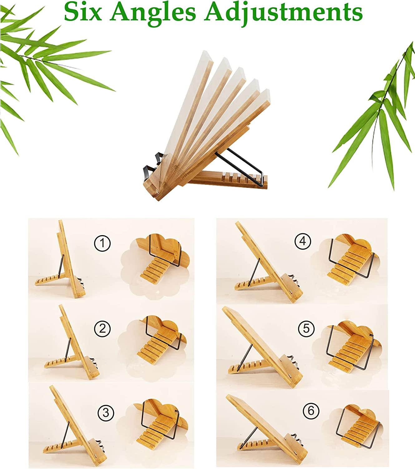 Desktop Bamboo Book Stand with Adjustable Six Angles, Portable Cookbook Stand with Flexible Page Holder Clips, Recipe Stand, Foldable Reading Holder Stand (Medium, Size: 34 X 24 Cm) image number 3
