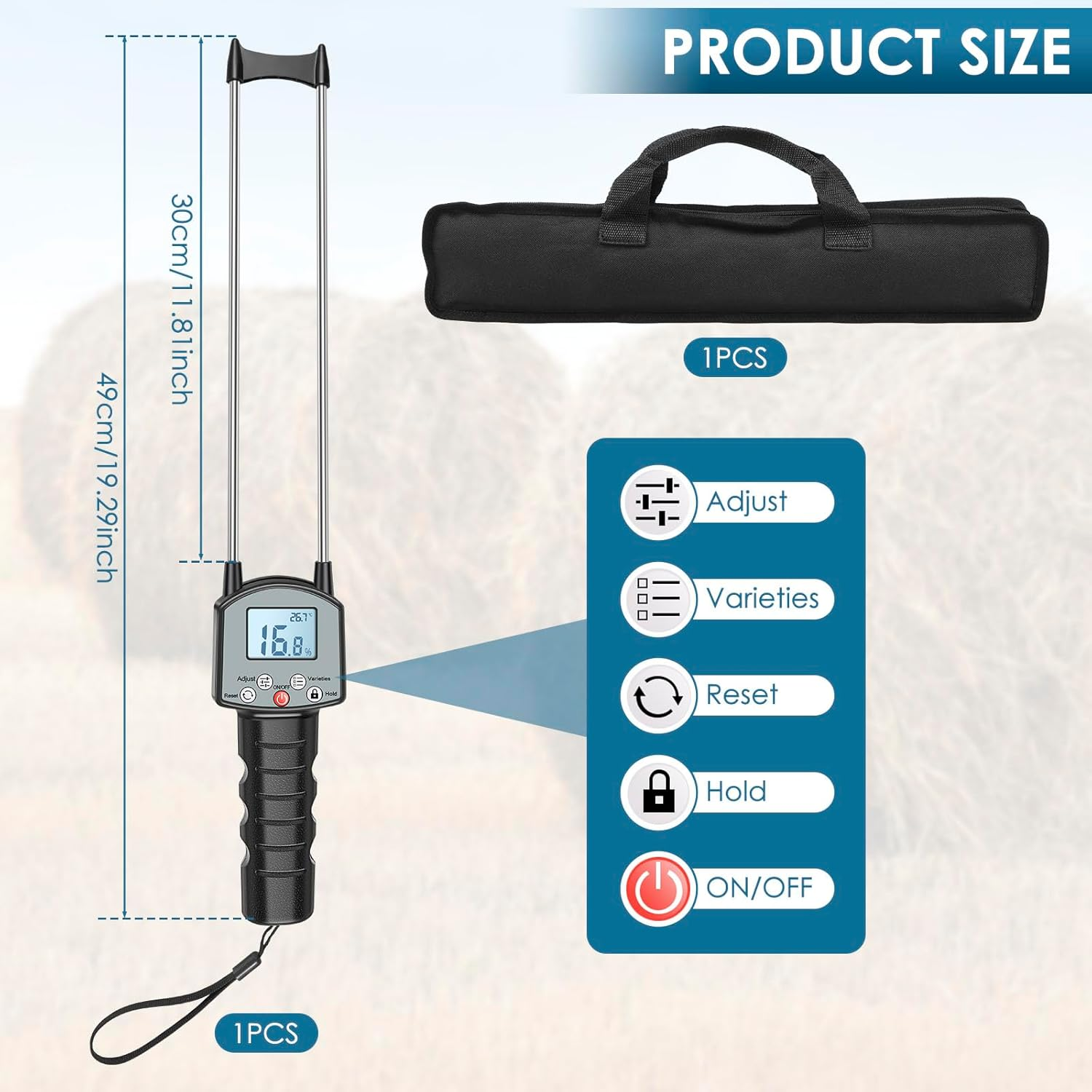 Wood Sawdust Meter, Hay Moisture Tester with Dual Probe, LED Display Hay Moisture Meter Accurate Measurement, Forage Humidity Tester for Alfalfa Forage Orchard Grass image number 5