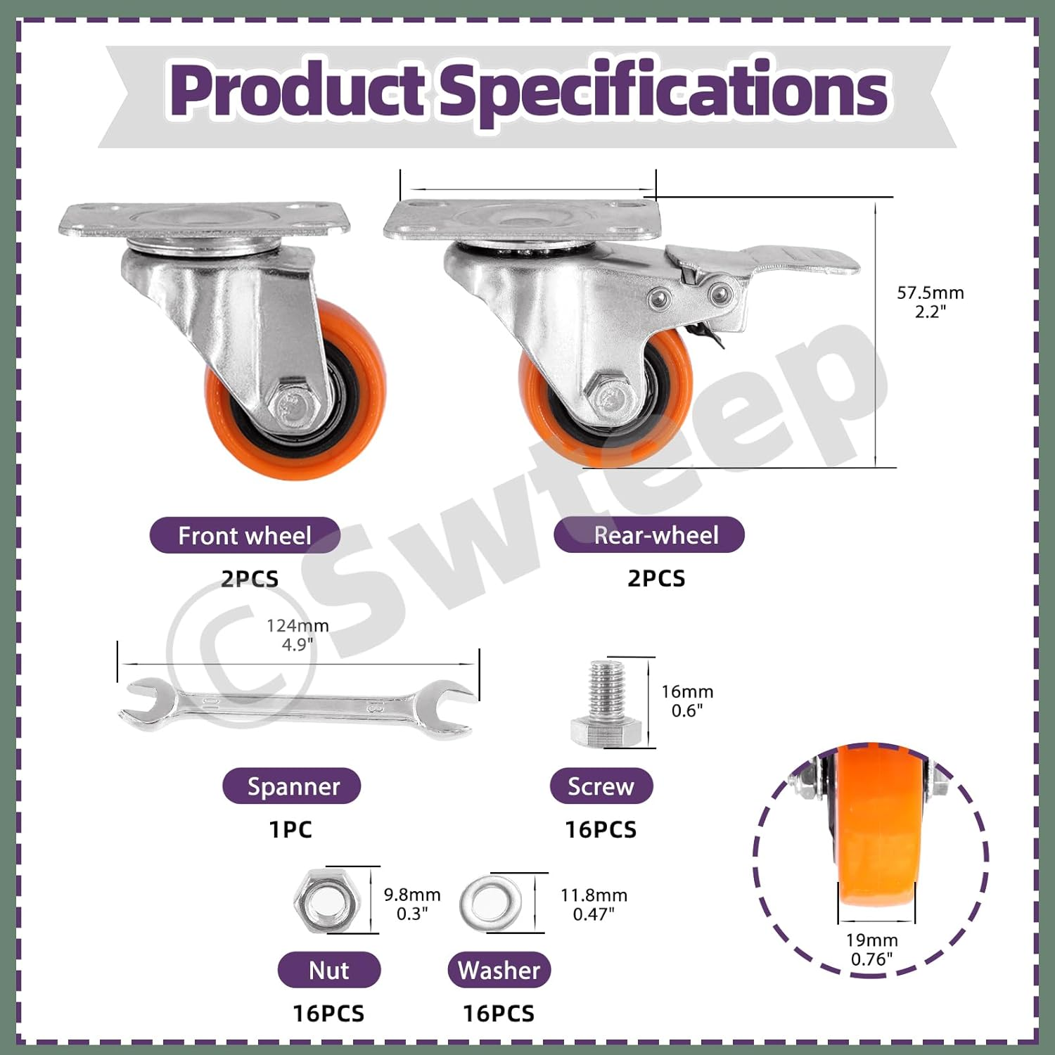 Swpeet 53Pcs 1.5 Inch Swivel Plate Casters Wheels, Heavy Duty Casters 2 with Brakes 2 without Brakes, Safety Dual Locking Casters with Wrench Screws, No Noise Polyurethane Wheels Casters for Furniture image number 5