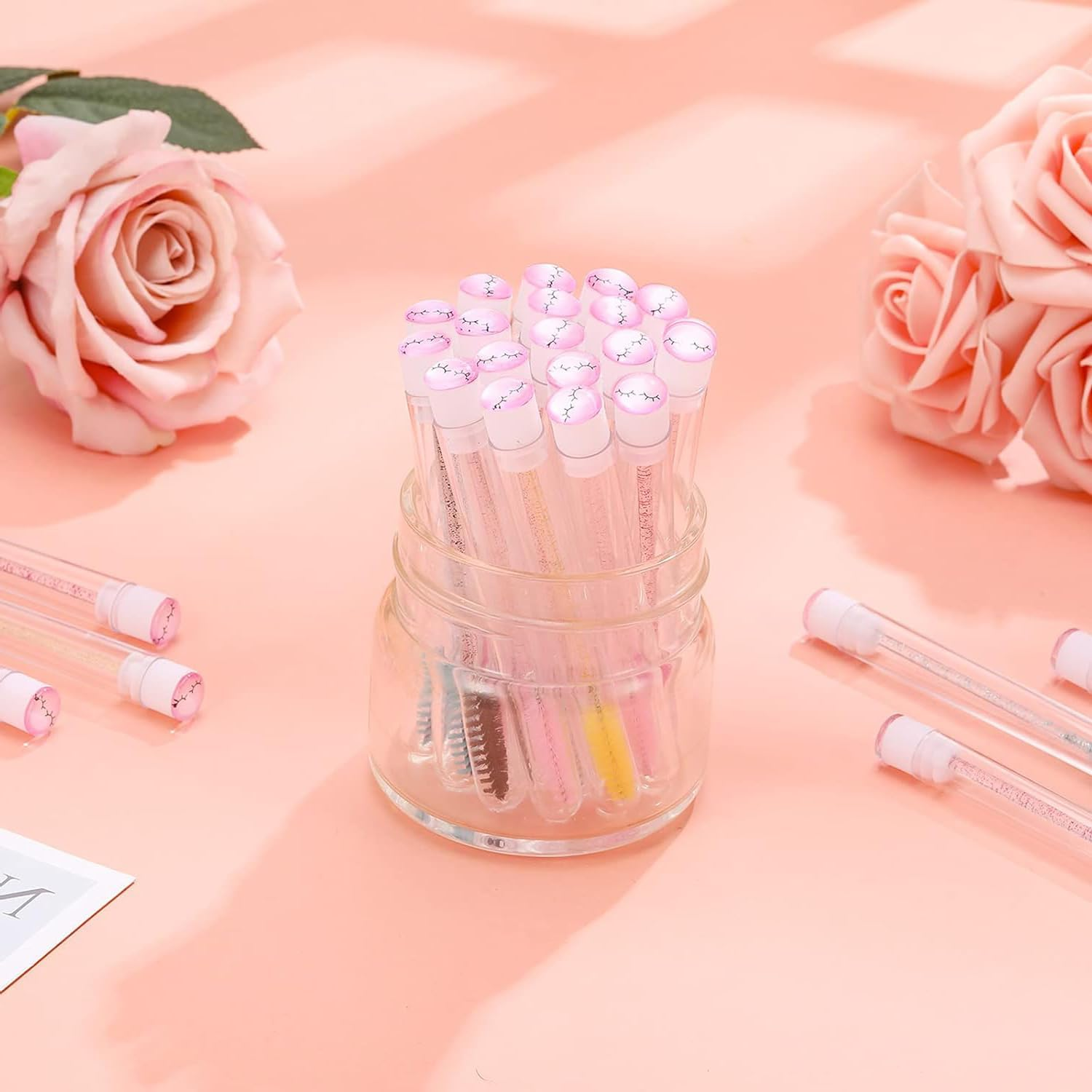 110-Piece Disposable Mascara Wand Set with 30 Reusable Diamond Eyelash Tubes and 80 Crystal Applicators, Designed for Women and Girls' Makeup, in a Stylish Pink Eye Pattern image number 6