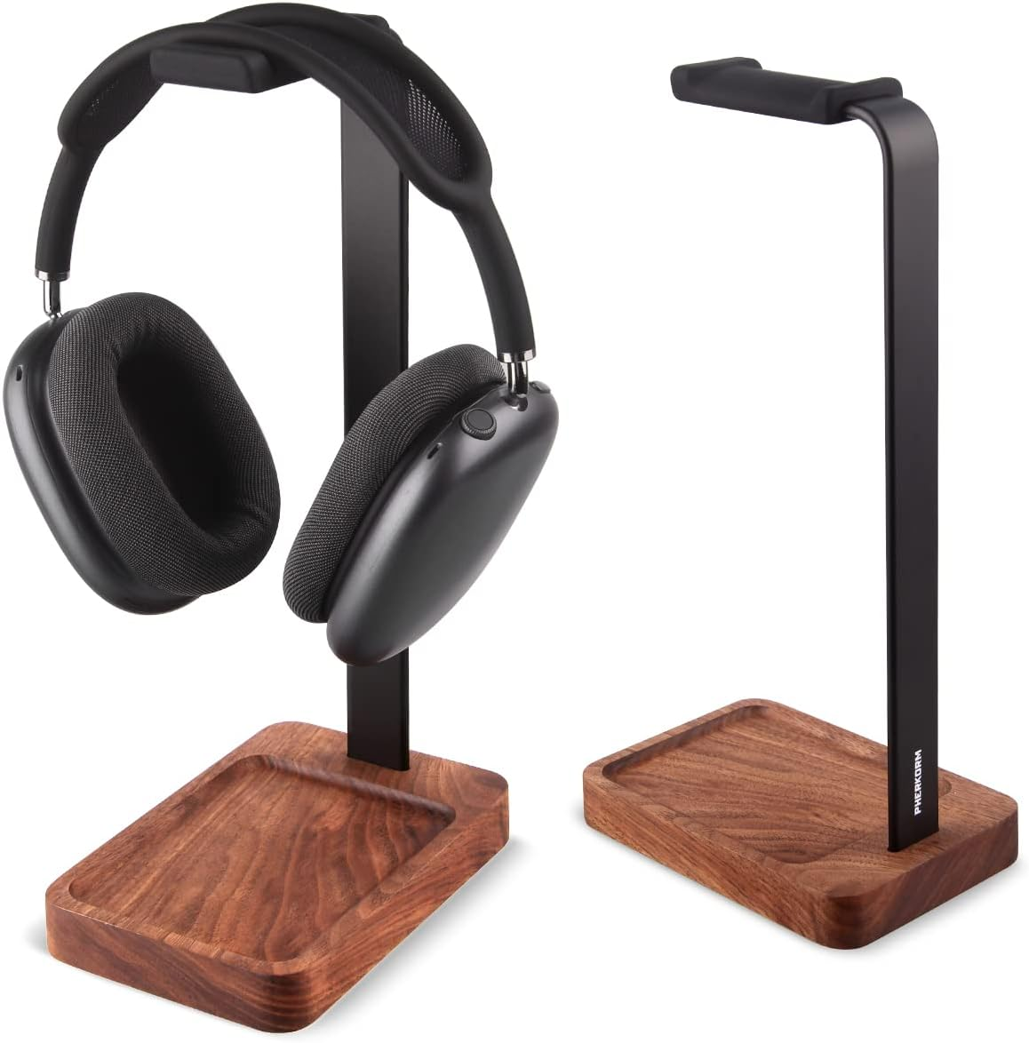 PHERKORM Walnut Wood & Aluminum Headset Holder, Desktop Headphone Stand, Universal Headphone Holder for Most Music Gaming Headsets - Black Walnut image number 6