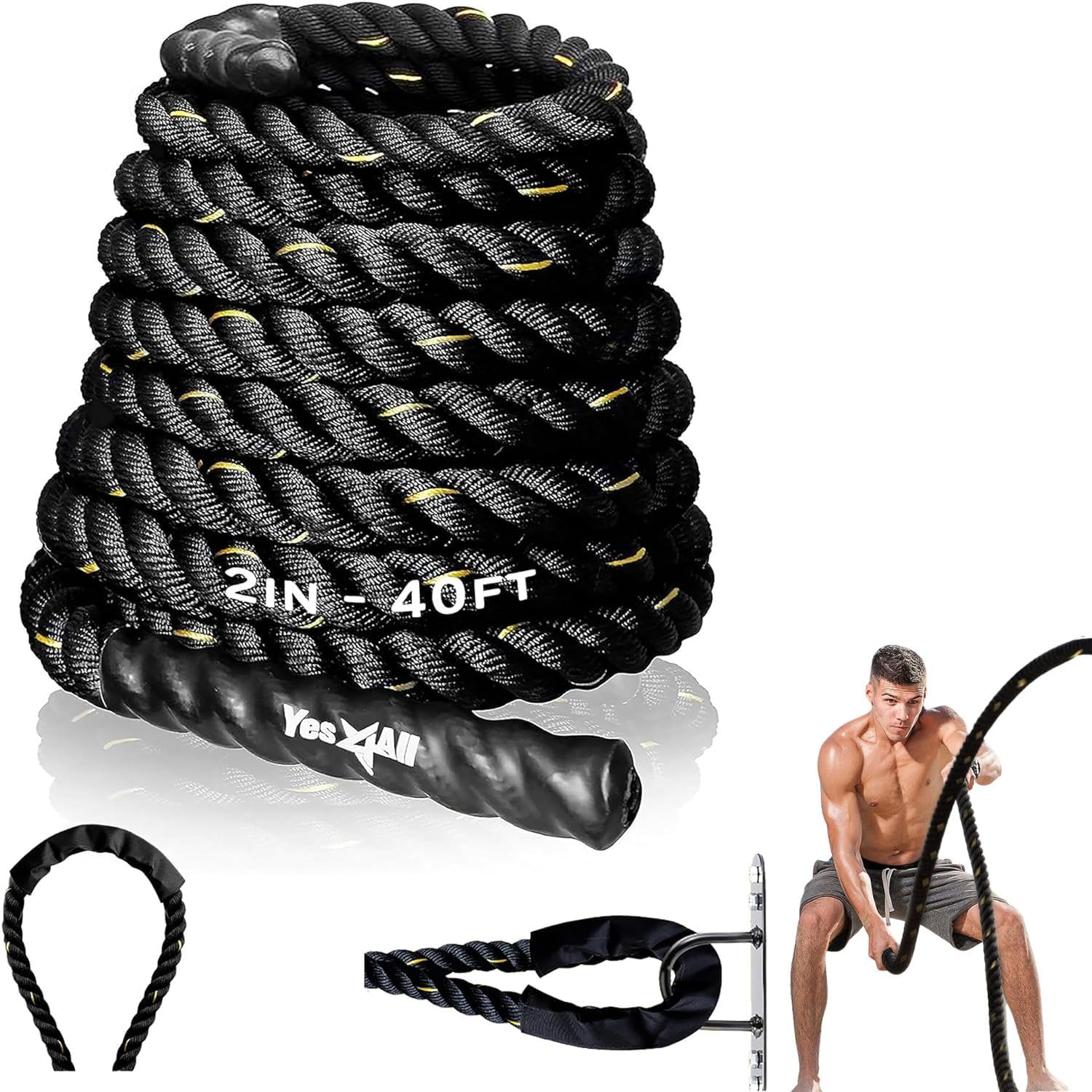 Yes4All 9M / 12M / 15M Battle Ropes with Cover, Battling Rope for Fitness Training Gym, Heavy Exercise Ropes 38Mm / 50Mm, Heavy Ropes for Strength Workout