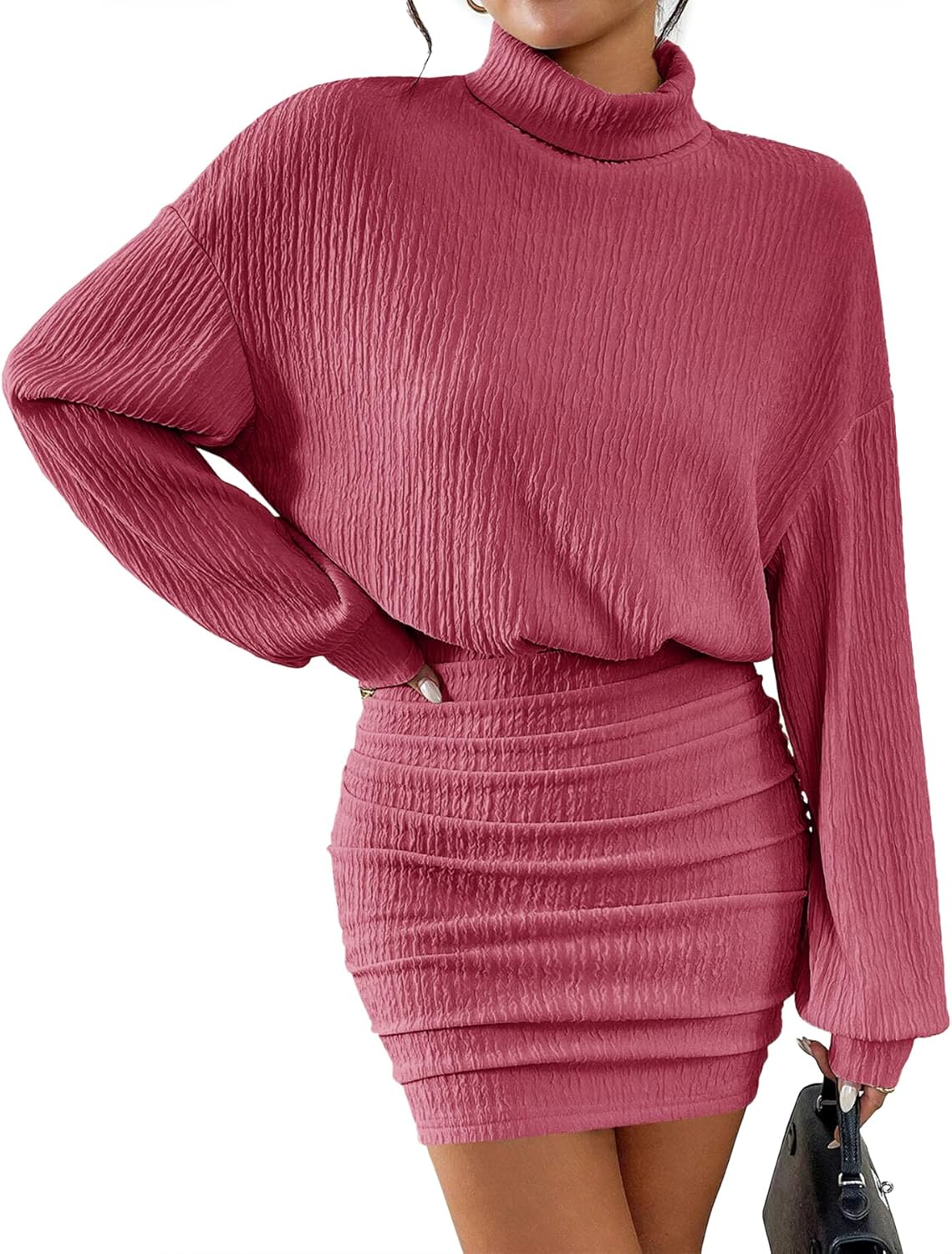 MITILLY Fall 2025 Long Sleeve Mini Dress for Women Formal Elegant Pullover Turtleneck Ruched Bodycon Short Dresses image number 3