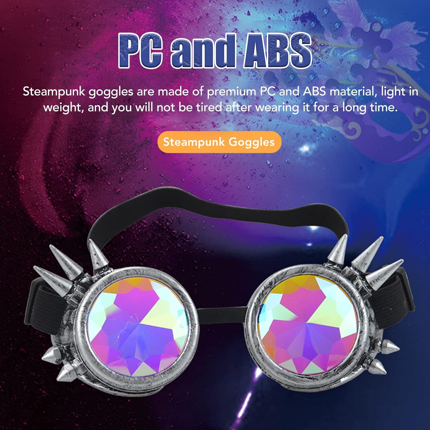 Steampunk Goggles, PC ABS Retro Psychedelic Rave Goggles with Adjustable Elastic Band, Adjustable Nose Rest Kaleidoscope Rave Glasses Festival Accessories for Christmas Halloween (Gloss Silver)