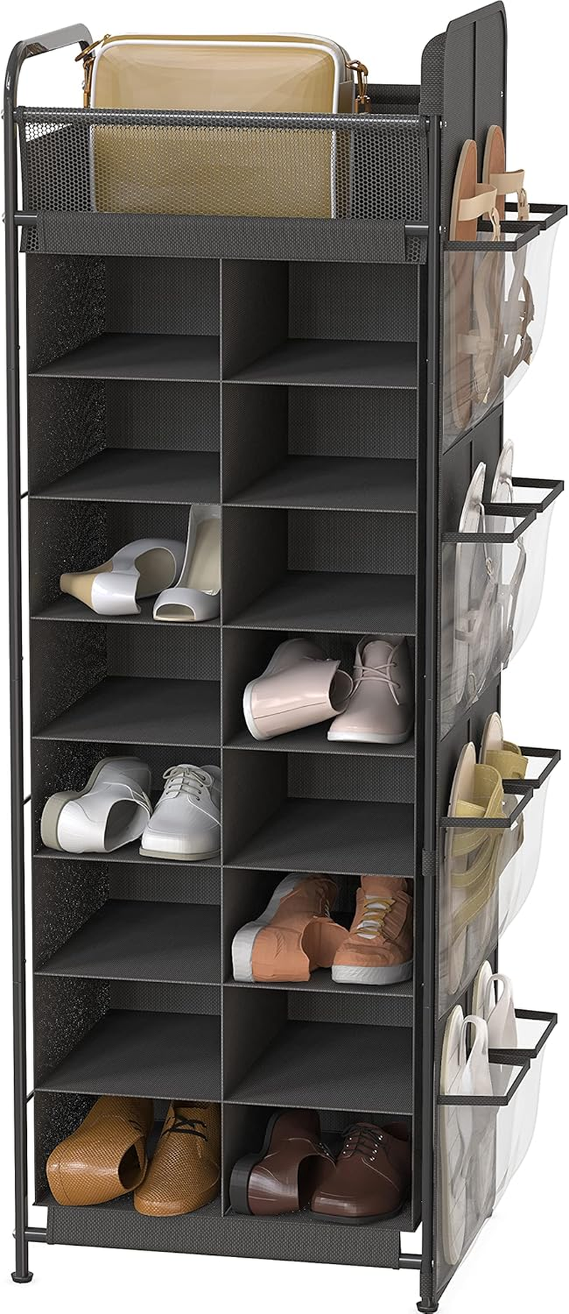 Simple Houseware 8 Tier Shoe Rack, 16 Cube with Top Shelf and Side Hanging Bag, Black