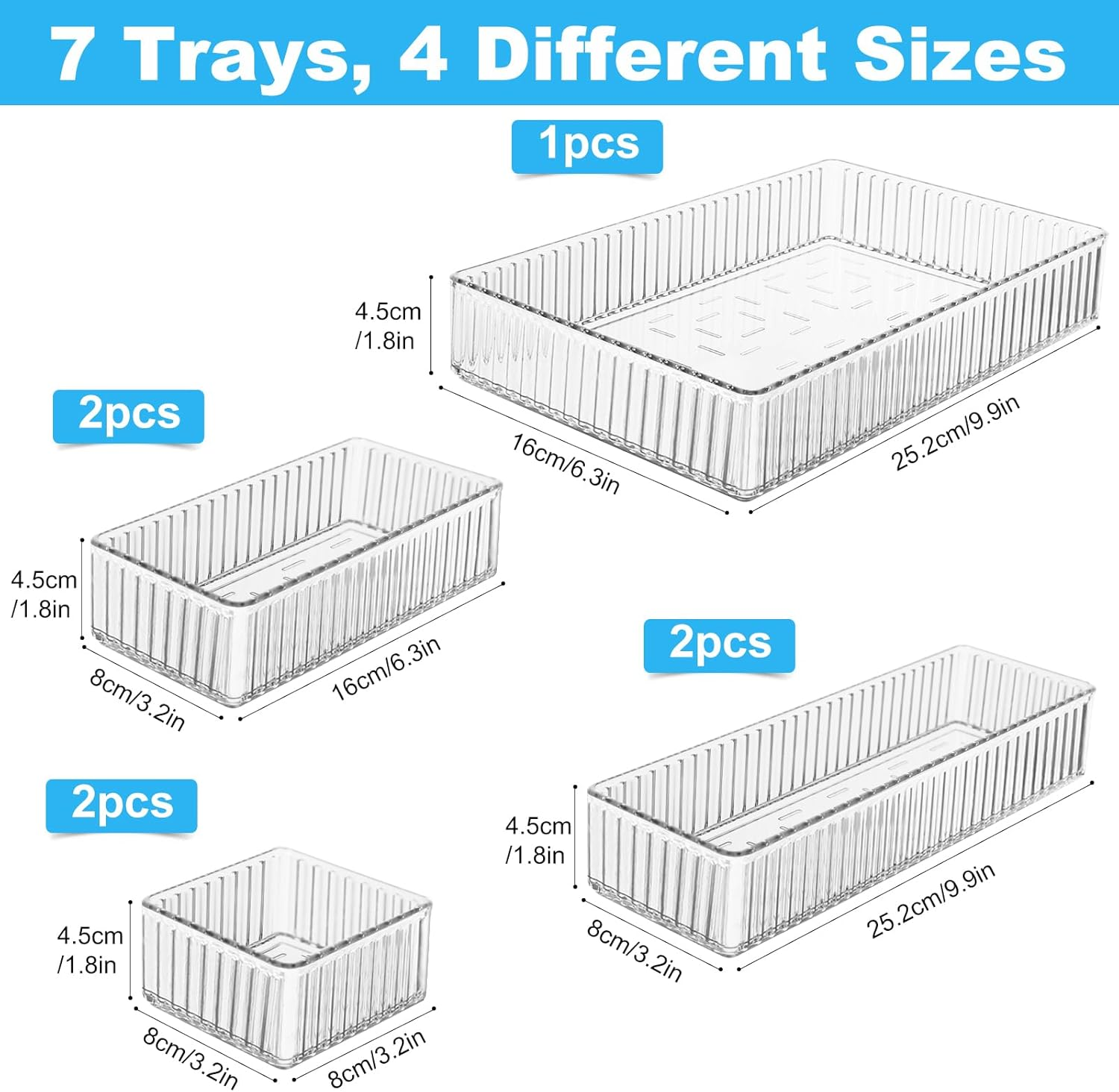 7 PCS Clear Drawer Organizers Bins, 4-Size Stackable Makeup Organizer Trays, Drawer Storage Containers, Desk Organiser for Kitchen Bathroom Makeup Office image number 1