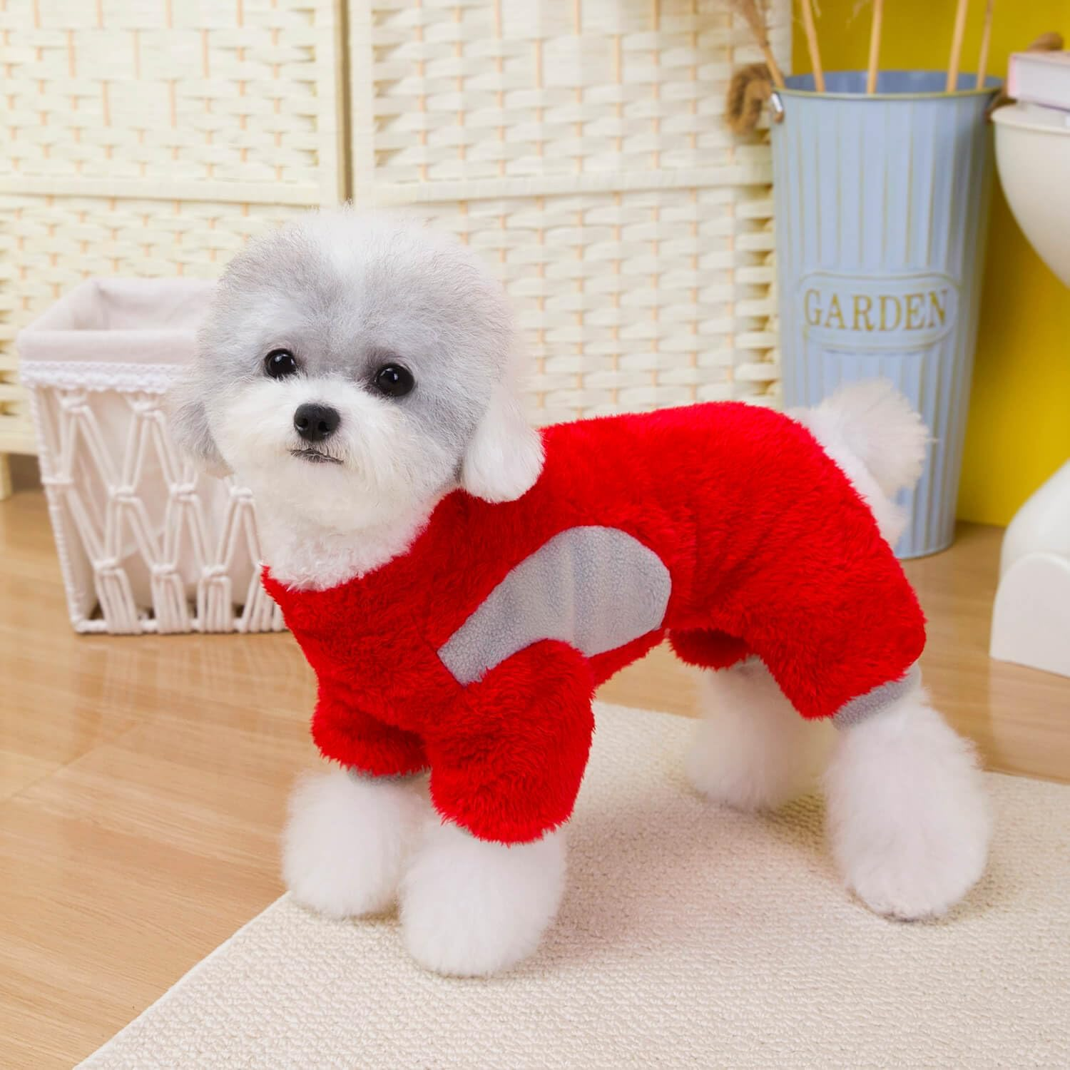Izefia Dog Jumper Clothing Fleece Wool Onesie Winter Warm Sweat Shirt 4 Legs Jumpsuit Pyjamas Colour Block Cute Jumper for Small Dog Medium Cat image number 5