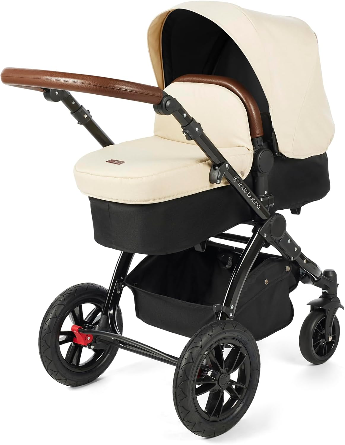 Ickle Bubba Stomp All-In-One 4-Wheel Pram Bundle with Carrycot, Pushchair and Accessories (Black/Sand/Tan) Comfortable, Stylish and Travel Ready